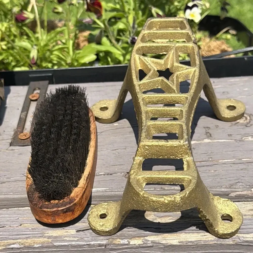 Vintage Wood Brass Shoeshine Box 5 Cent Shine w/ Brush Barber Shop Americana